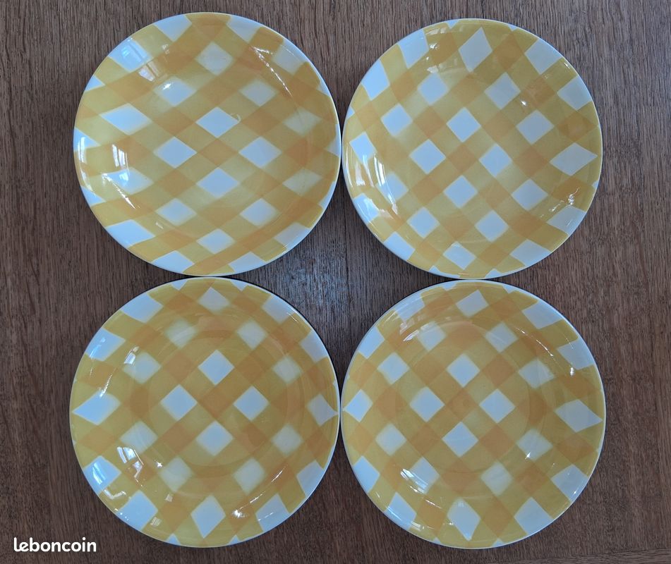 Dessous De Plat Vintage – Style Digoin – Rayures Jaunes Et Motif écossais – Faïence