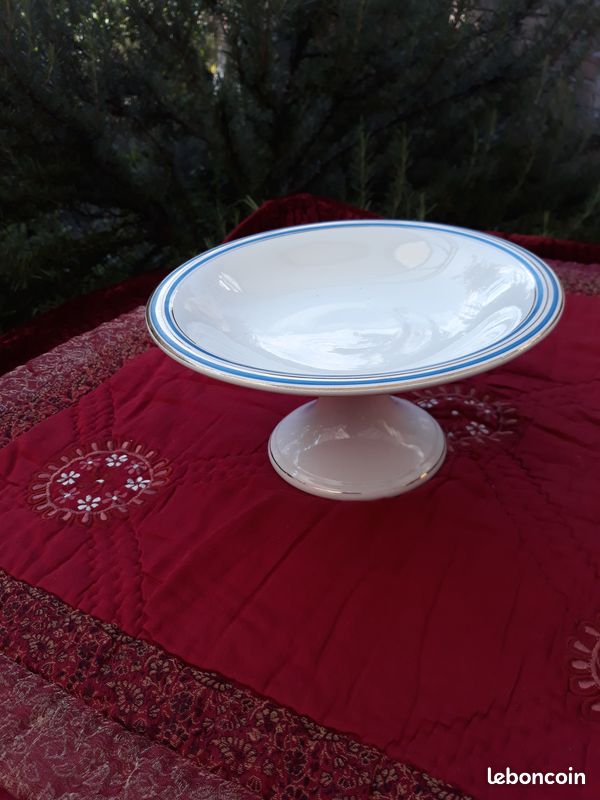 Coupe Assiette sur pied Faïence Onnaing Blanc Bleu Vintage Années 40 Ancien (image 1)