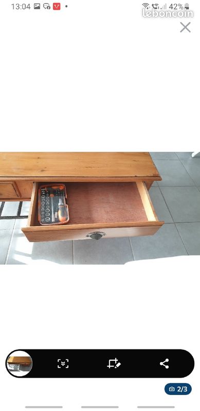 Table basse bois anglais 2 tiroirs et fer forgé rectangulaire (image 3)