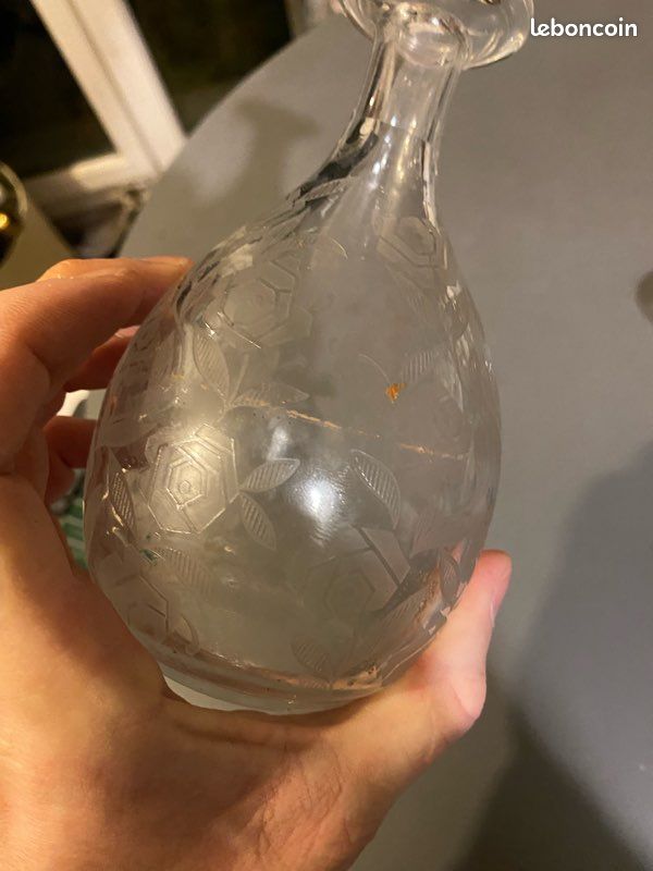 Ancienne petite carafe verre, cristal? Motif floral géométrique art déco vintage (image 7)