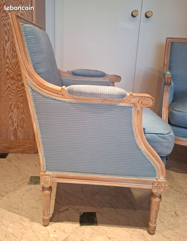 Paire de fauteuils Cabriolet Louis XVI- tissus bleu- coussin garniture plume (image 4)