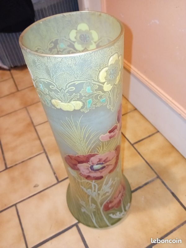 EXCEPTIONNEL : Grand Vase Rouleau Emaillé coquelicots 35 cm Art Nouveau (image 9)