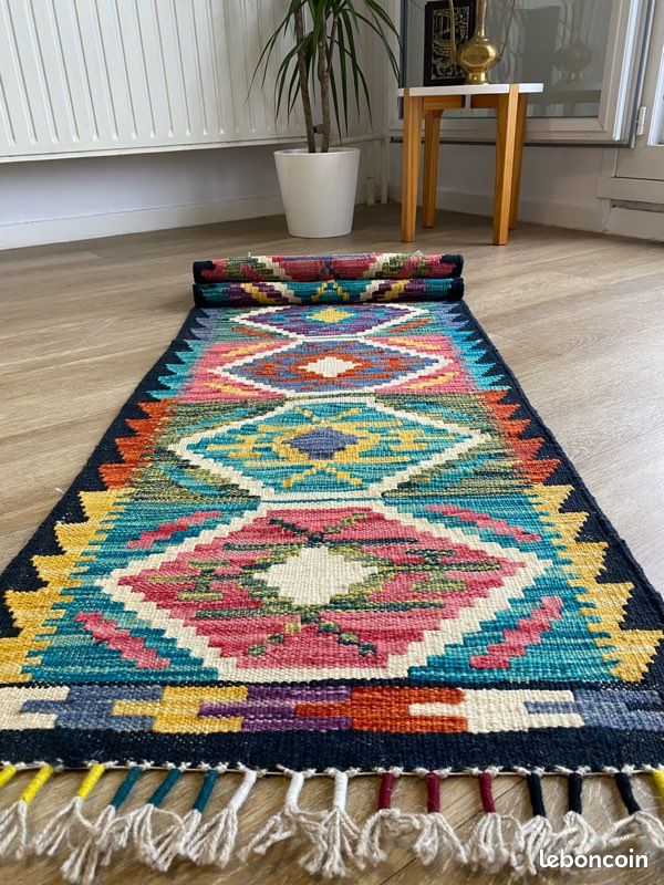 Tapis Kilim Afghan Traditionnel en laine Orange, Bleu Clair, Vert, – Néda