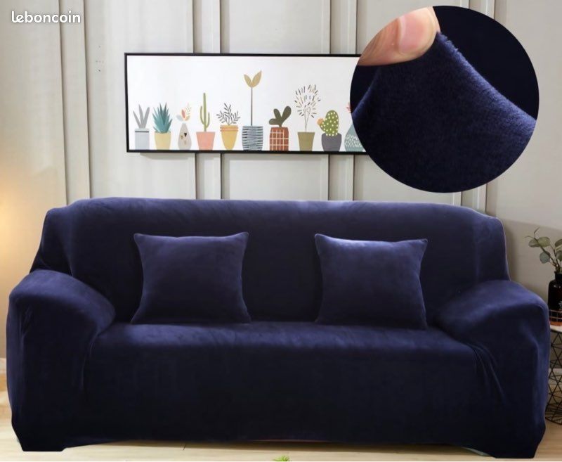 Housse de canapé extensible en velours bleu (image 2)