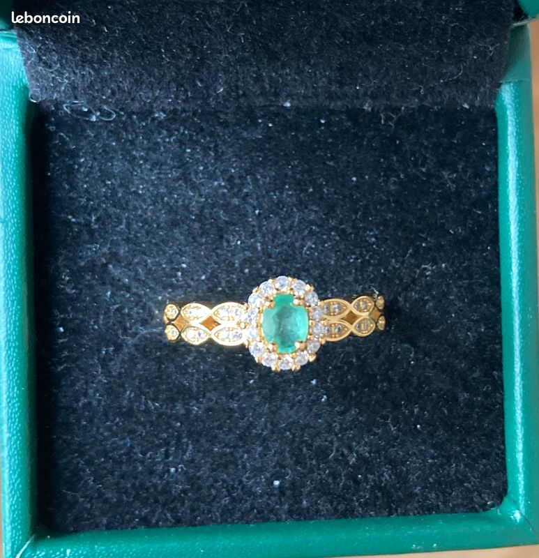 Bague De Fiançailles En Argent Sterling 925 Plaqué Or Avec émeraude Verte - Taille Ajustable, Neuve