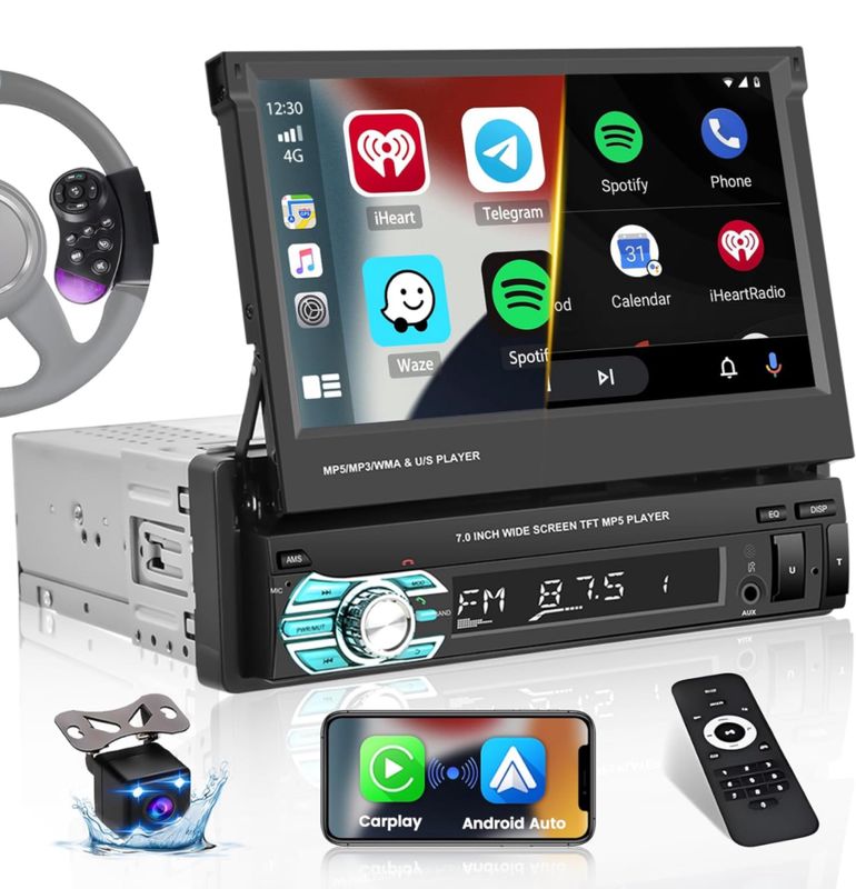 Hikity Autoradio 1 Din Carplay Android Auto avec Écran Tactile Retractable  EQ, 7 Pouces Poste Radio Voiture Bluetooth AUX/USB/TF SWC Mirror Link  +Caméra de Recul - Équipement auto