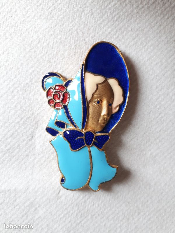 Broche Art Déco Ancienne émaillée Bouillot - Occasion, Métal Doré Avec Cabochon