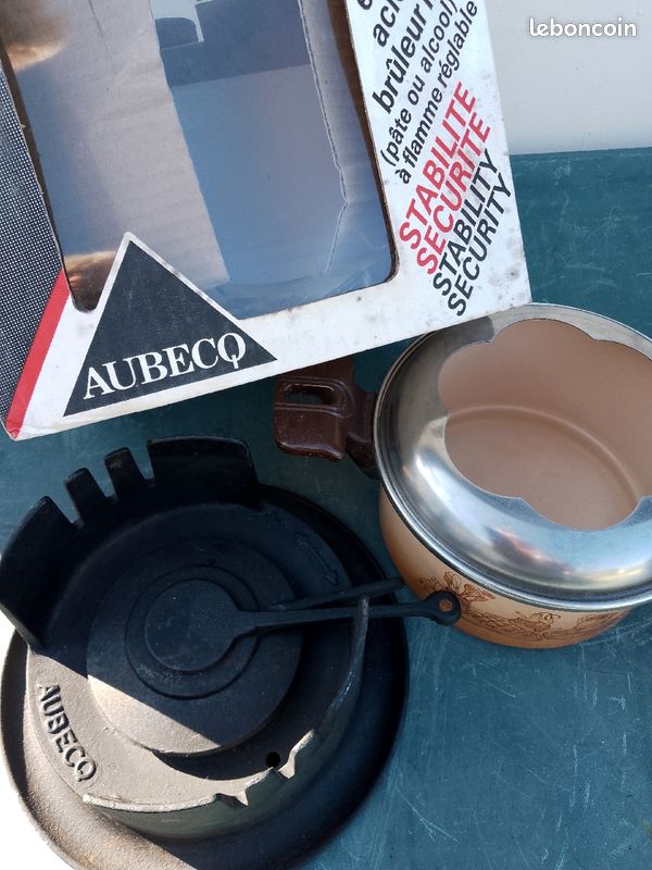 Service à fondue Aubecq pied en fonte caquelon en email decor Chaume avec 4 raviers gris (image 5)