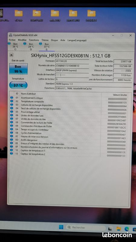 Disque dur SSD NVMe SKhynix 512go +CrystalDiskInfo Bon 99% (image 2)