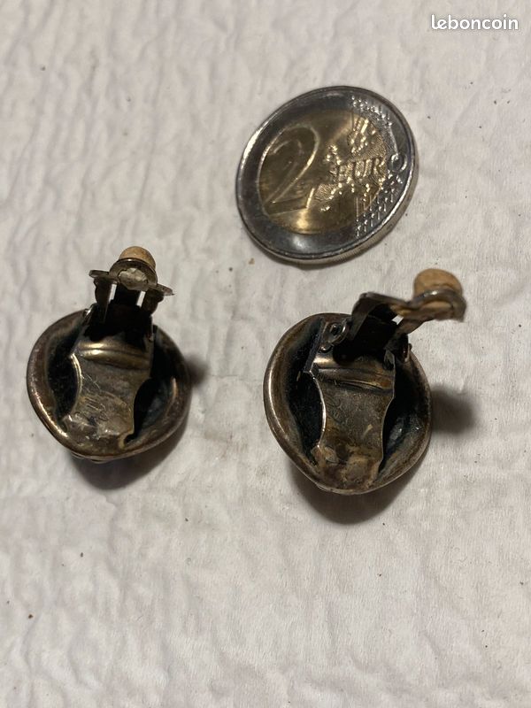 Paire de boucles d’oreilles à pince ancienne en argent, années 1930, motif art déco/nouveau, jolie patine (image 4)