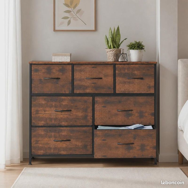 Commode marron à 7 tiroirs en tissu, structure en métal et plateau en bois, meuble de rangement pour chambre à coucher (image 1)