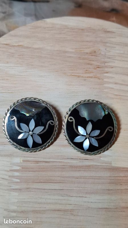 Boucles D’oreilles Pendantes Vintage 1970 – Alpaga Et Nacre (véritable Abalone), Vieux Stock