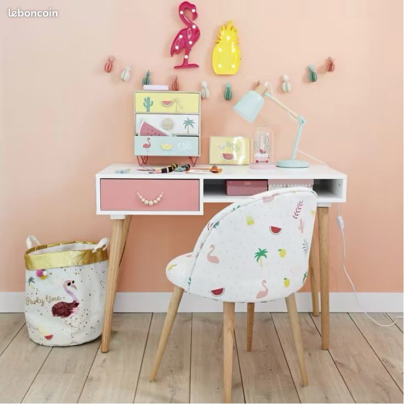 Bureau vintage 1 tiroir rose corail et blanc avec chaise de bureau - Maisons du monde (image 1)
