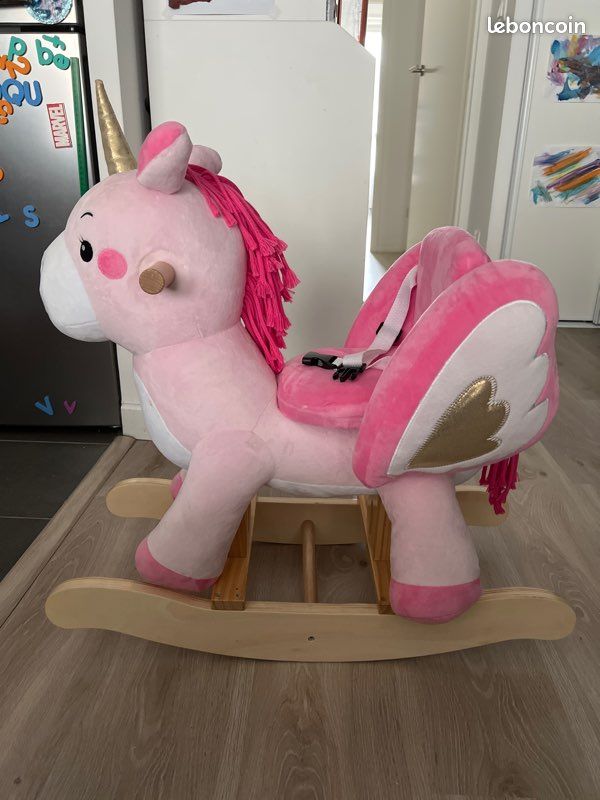 Labebe Cheval à Bascule Licorne Rose – Jouet En Peluche Et Bois Pour Enfants 1 à 3 Ans, Siège Sécurisé, Design Français, Cadeau Anniversaire Fille