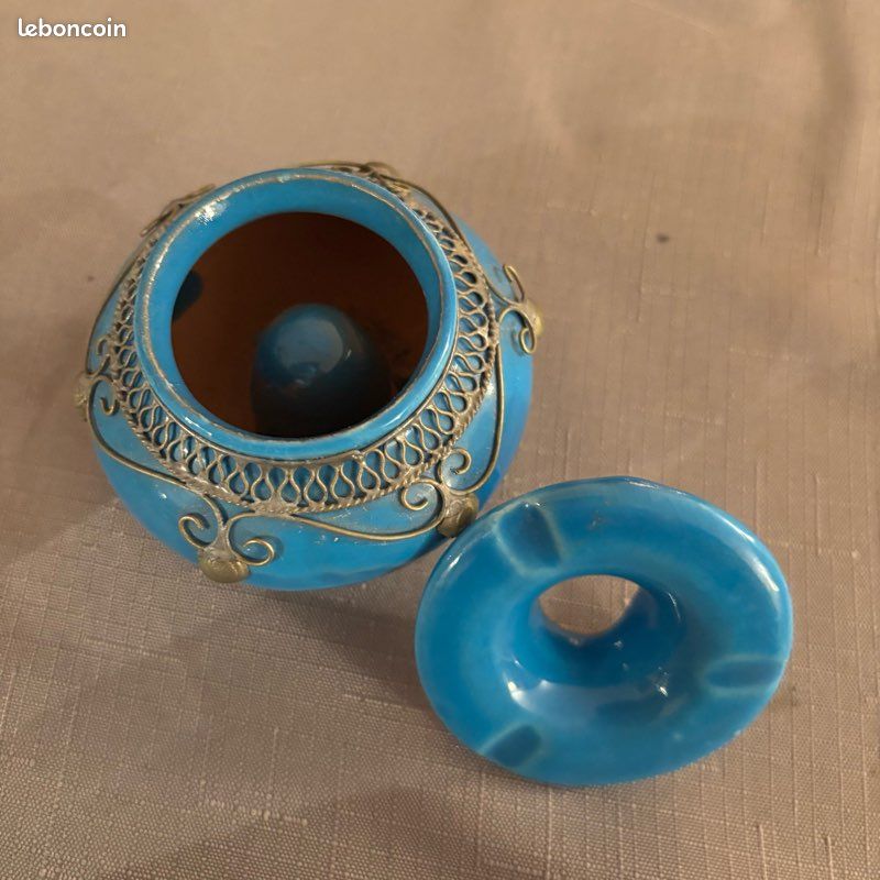 Broche Vintage énorme En Verre Marbré Turquoise - Monture Filigrane Doré Antique - Occasion
