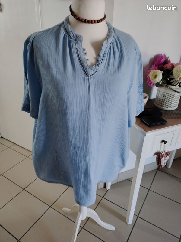 Tunique BALSAMIK Bleu Ciel – Taille 54 (large) – 100% Coton Crépon – Manches Tombantes