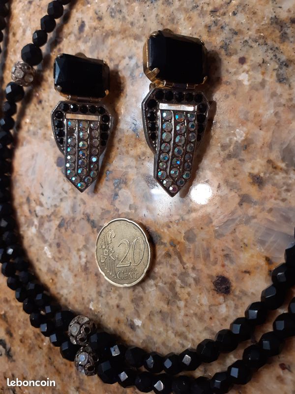 Parure Vintage Années 80 - Collier Et Boucles D'oreilles En Fonte De Verre - Occasion, Style Rétro