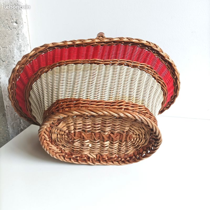 Grand Panier Vintage En Osier Tressé Rotin Et Fils Scoubidou - Années 1960