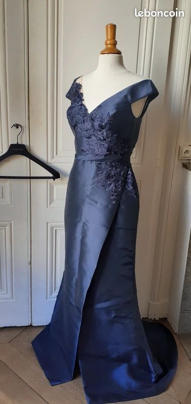 Robe De Cérémonie Longue Bleu Pétrole Dentelle Manches Longues - Taille 40 (L) - Neuf étiqueté