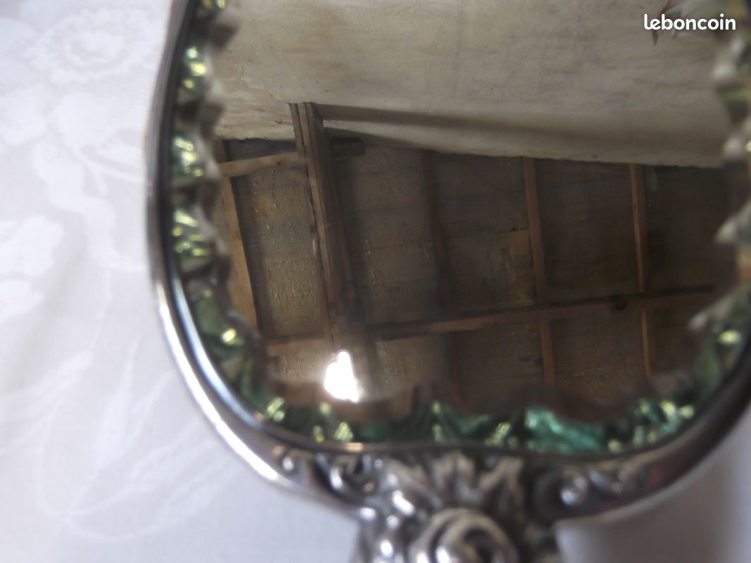 Petit Miroir Face à Main Miniature XIXe En Métal Argenté Pour Poupée Ancienne