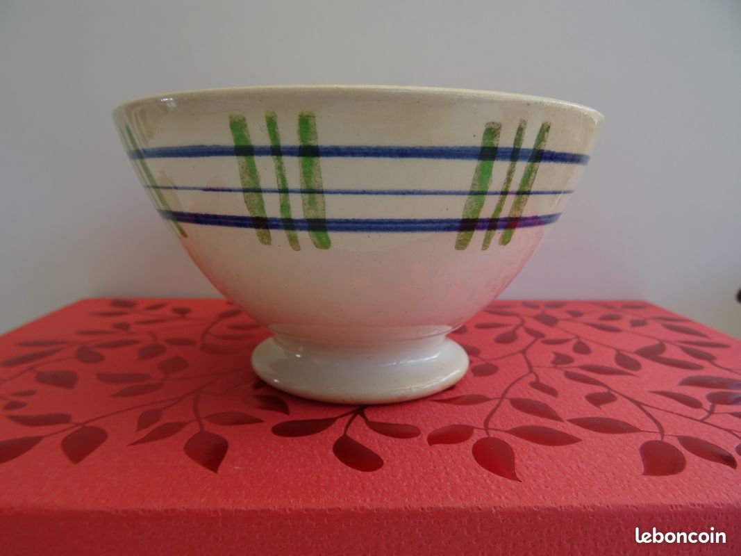 ANCIEN PETIT BOL DIGOIN SARREGUEMINES France- motifs carreaux style "nappe" bleus et verts (image 1)