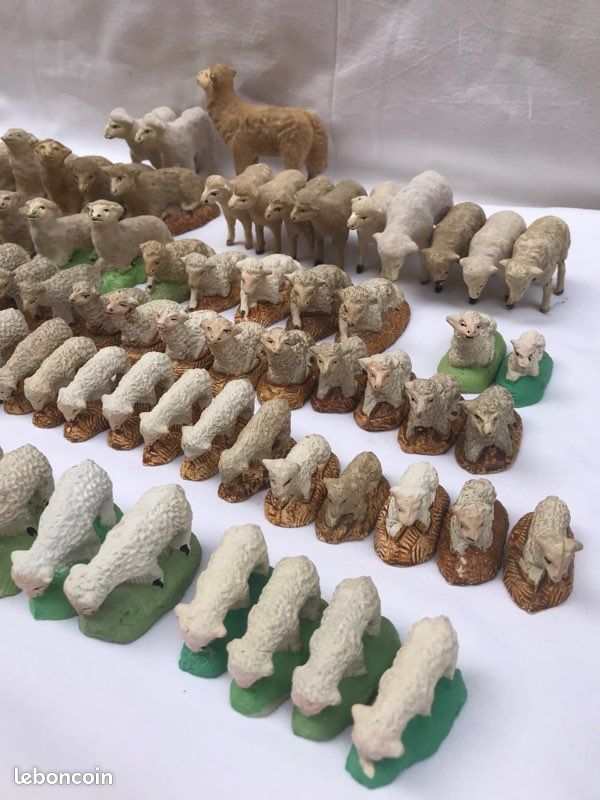 Lot De 3 Moutons Santons Devineau – Années 60/70 – Plâtre Floqué – Crèche Noël Vintage