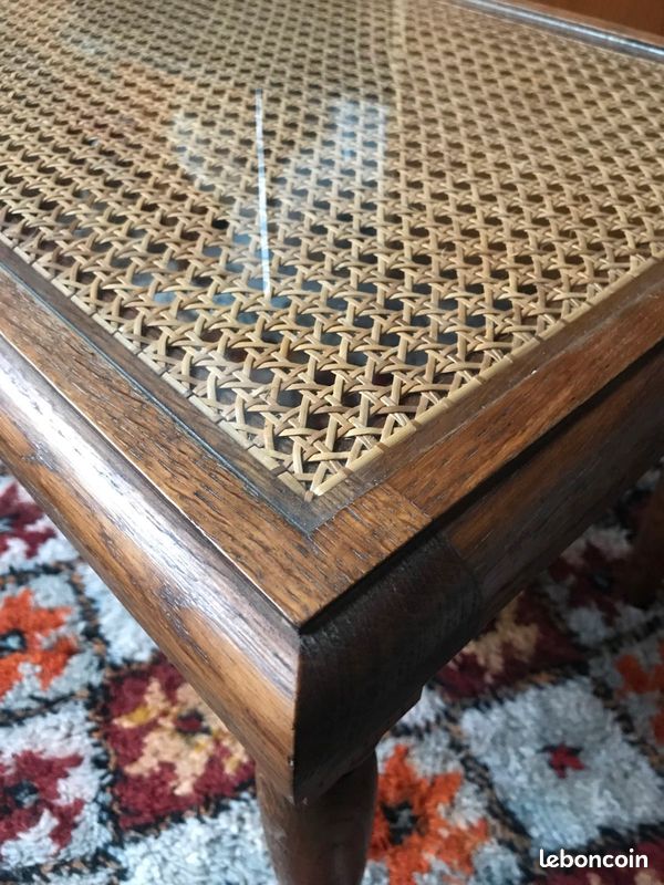 Table basse ancienne bois verre et cannage (image 2)