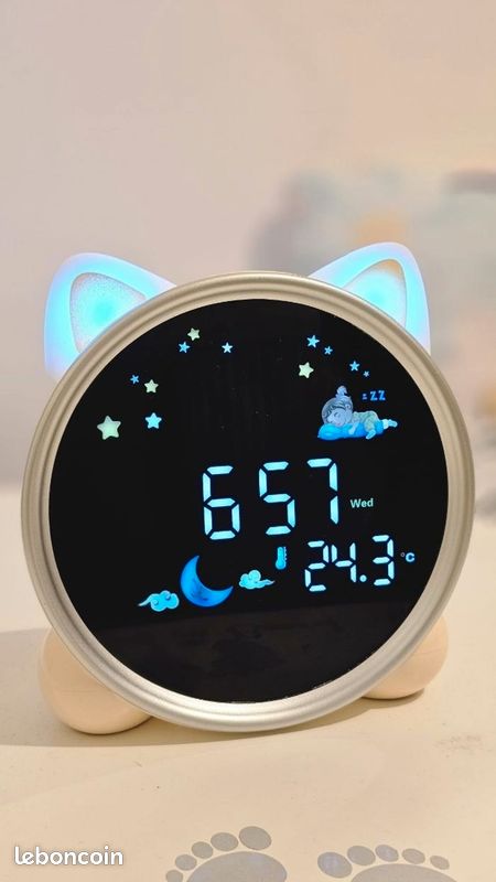 Réveil éducatif enfant chat LED - veilleuse,
double alarme, température (neuf) (image 4)