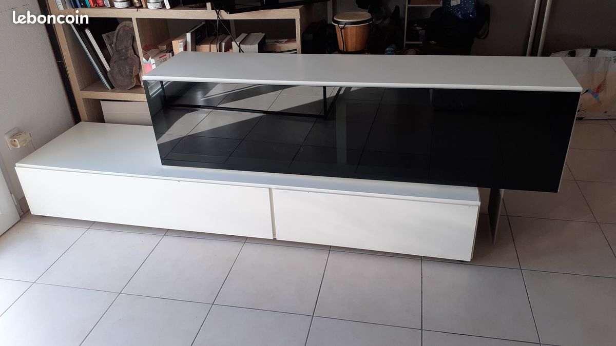 Meuble télé B.O 2 éléments blanc et vitre teintée (image 4)