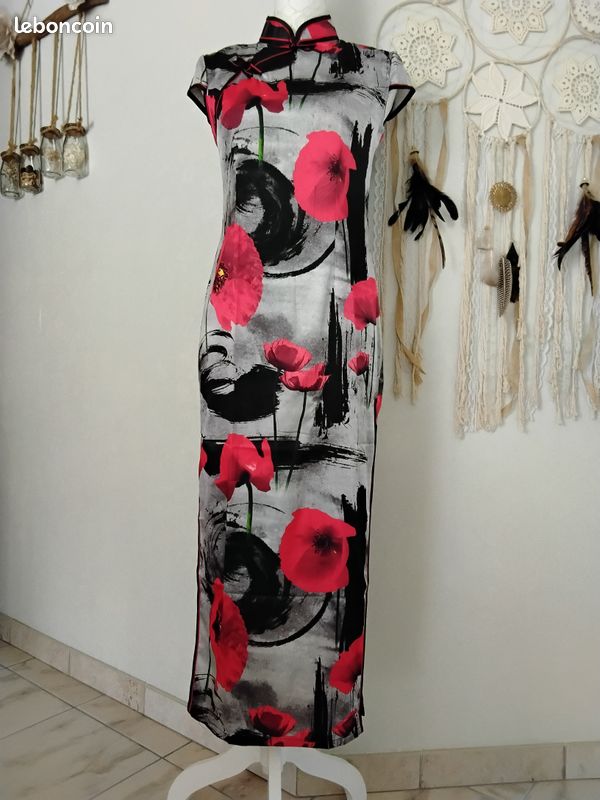 Robe longue cheongsam, noir et rouge, coquelicot (image 1)