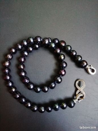 Collier Ancien En Perles Noires Naturelles Et Or 18K 750 - Perles De Tahiti Authentiques Oyster Pearls, Occasion