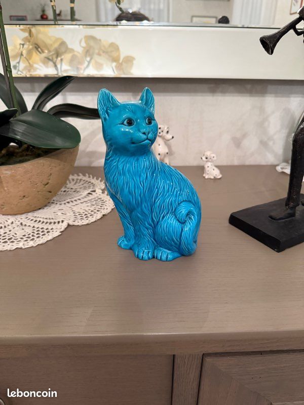 Statuette chat Vintage | Figurine céramique émaillée bleu turquoise | Déco rétro (image 2)