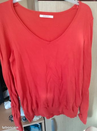 Pull orange pour femme col V camaïeu 40/42 Vêtements