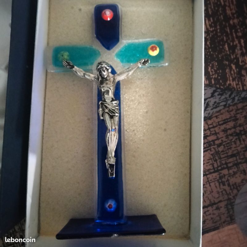 Holyart Croce In Vetro Di Murano Blu E Argento Con Cristallo - 10,5 Cm - Quadretto Devozionale Da Appoggio