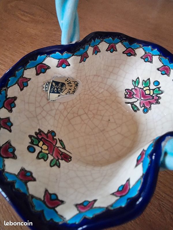 Ancien panier en céramique en EMAUX DE LONGWY Numéroté peint main.Aucune rayure mais l’anse est recollée. Voir photos.L15cm,l 10cm et profondeur avec anses 13 cm (image 5)