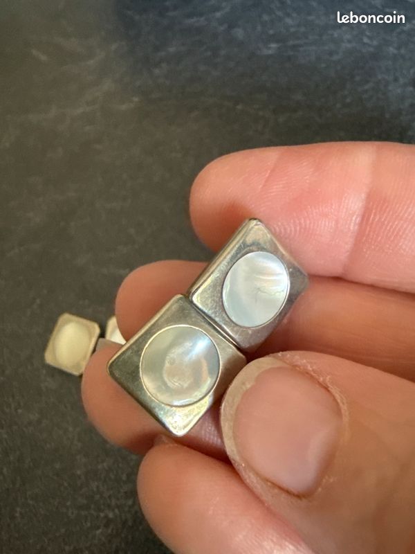 Boutons De Manchette Vintage Nacrés En Métal Argenté - Occasion - Accessoire Élégant