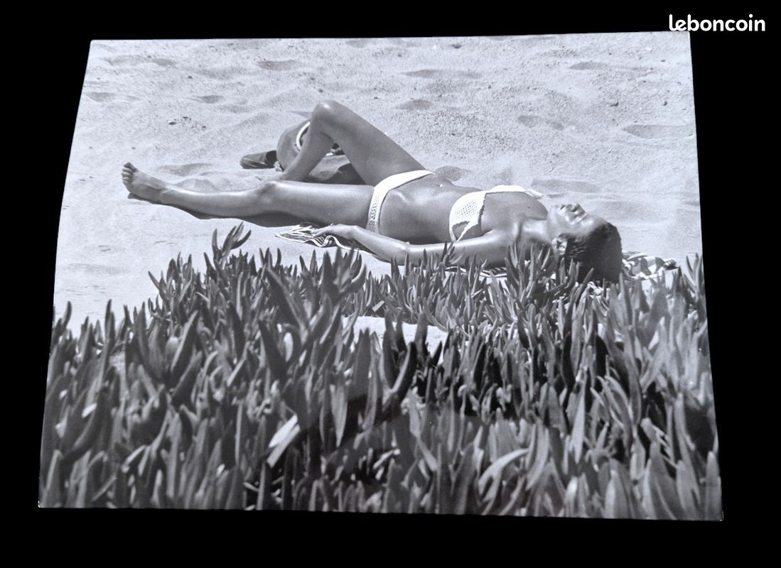 Photographie Vintage Argentique l'Indépendant 1974 - Photographe Serge Moritz - Femme se relaxant sur plage - Célébrité mannequin actrice ou starlette à identifier (image 1)