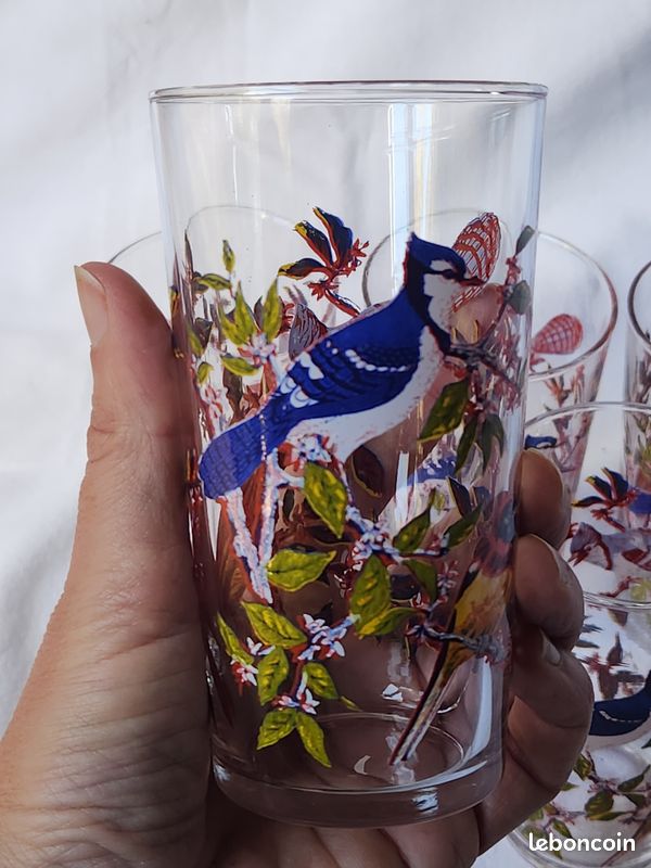 Ensemble d'orangeade vintage années 70 pichet et 8 verres décor oiseaux - Arts de la table