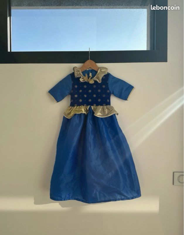 Déguisement robe de princesse bleu et doré enfant Vêtements