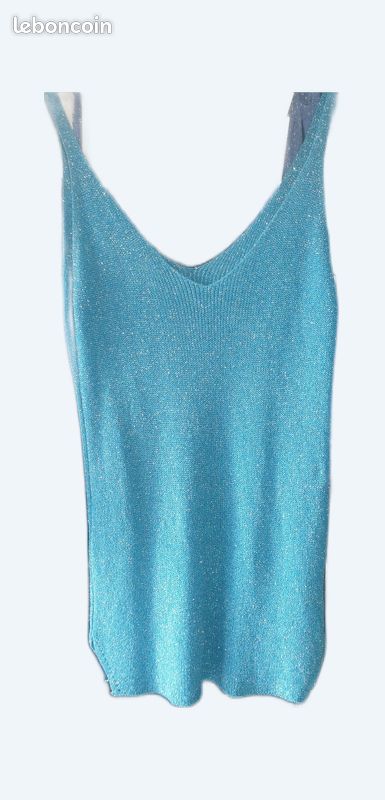 Débardeur à Paillettes Blanc Et Bleu - Taille L - Coton - Occasion Très Bon État