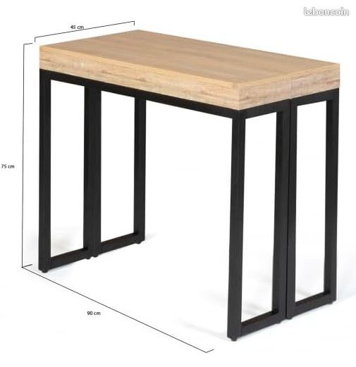 Table Console Extensible 45 à 140 cm – Design Industriel Loft – 2 Rallonges Incluses – Jusqu'à 6 Personnes – Bois et Métal Noir (image 2)
