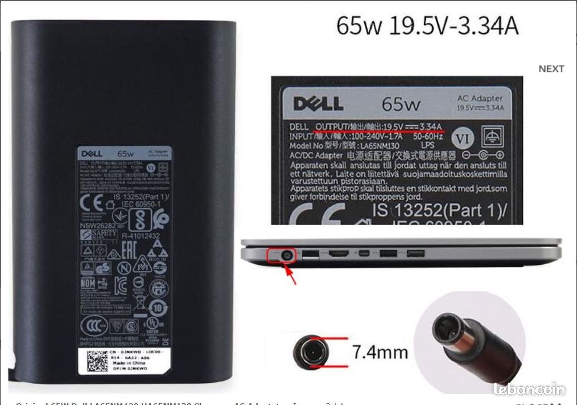 Chargeur ordinateur Original Dell 65W LA65NM130 - Neuf (image 1)