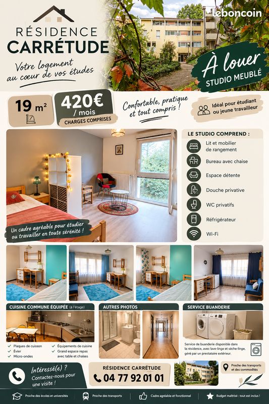 Appartement 1 pièce 19 m² · à Saint-Étienne · 19 m² · 420 €/mois