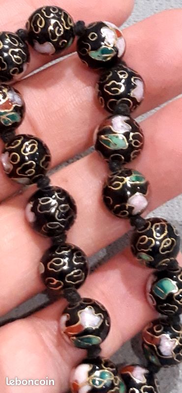 Collier ancien vintage chinois en porcelaine bleu cobalt/céramique, perles d'environ 13,5 mm - Canada