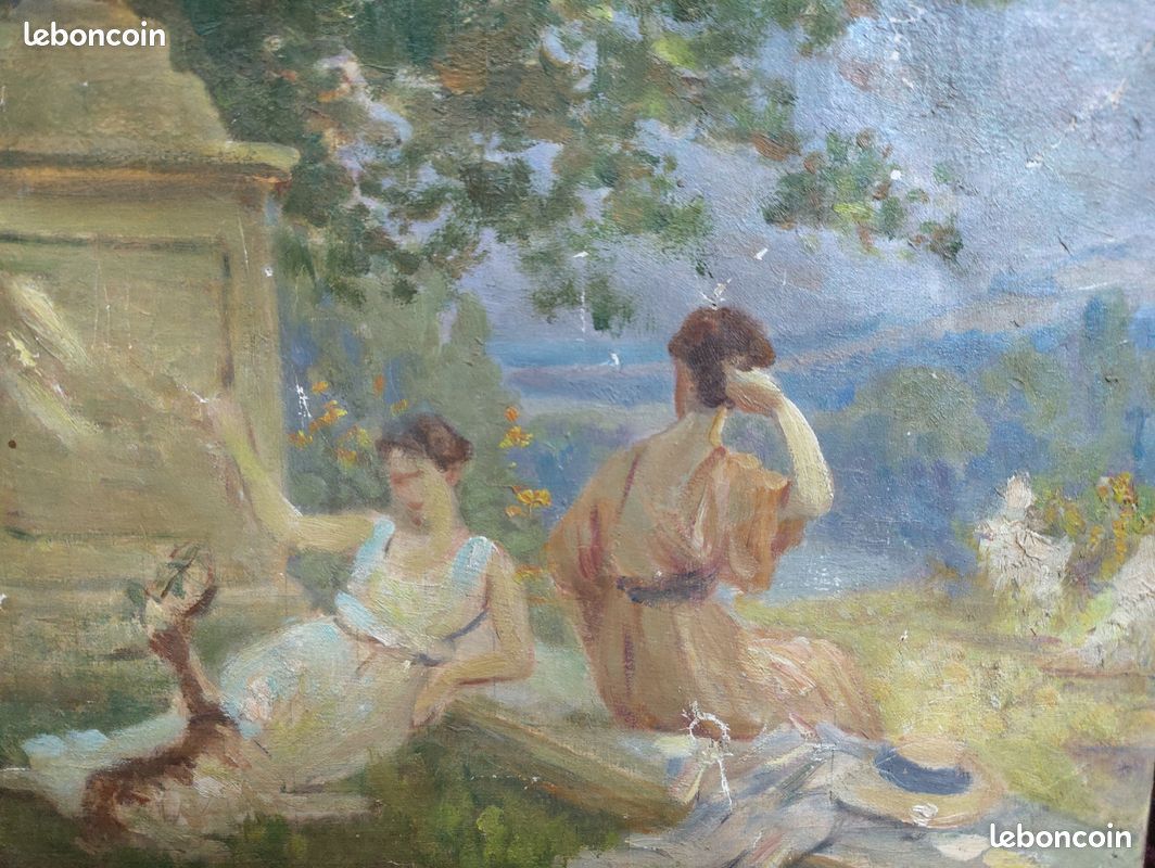 Petit Tableau Ancien Peinture Huile HST Ecole de Barbizon Paysage Campagne Scene de Genre Elegante Art Nouveau Belle Epoque Annee Folle Esquisse Pochade Chevre Chien Animal Animaux XIX 19 XX 20 (image 1)