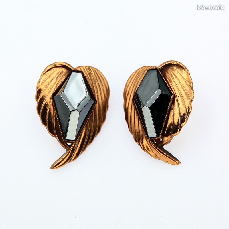 Boucles D'oreilles Clips Vintage - Doré Et Noir - Alliage - Occasion