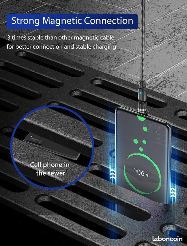 Câble USB 1m magnétique articulé 360° + 180° type-C pour charger samsung Xiaomi avec embout pivotant (image 2)