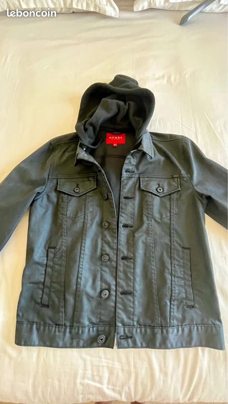 Blouson denim toile enduite noir Guess Taille L avec capuche (image 12)