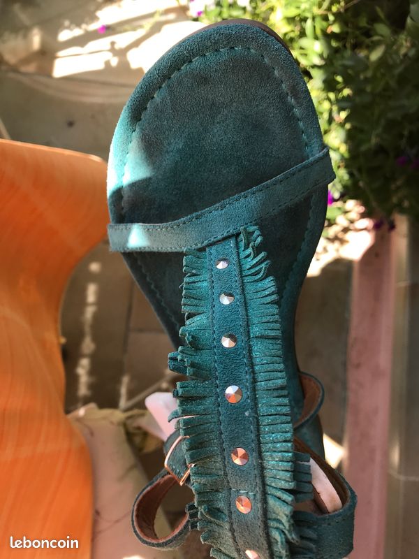 Sandales plates cuir dain turquoise T37 (image 3)
