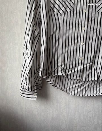 Chemise Femme Rayée Noir Et Blanc LUC-CE - Taille S - Manches Longues Taille Froncée - Occasion TB